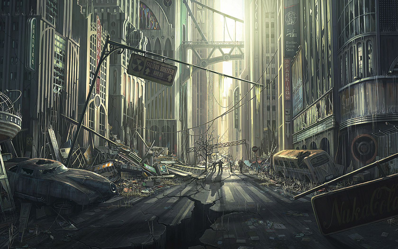 Wallpaper Fallout art city ruins street skyscraper car desktop