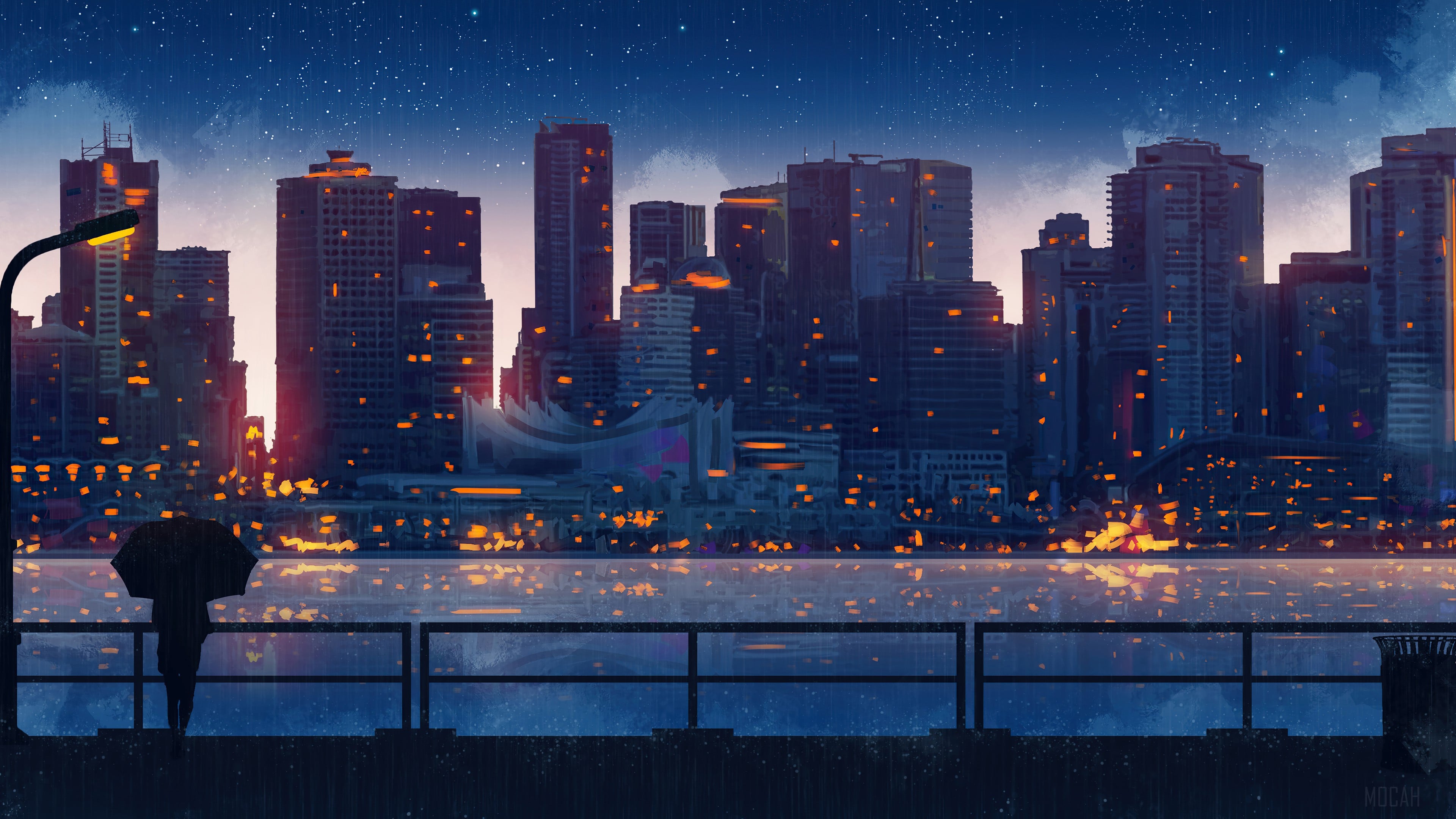 Digital Art Night City Scenery Landscape Buildings Silhouette HD Wallpaper