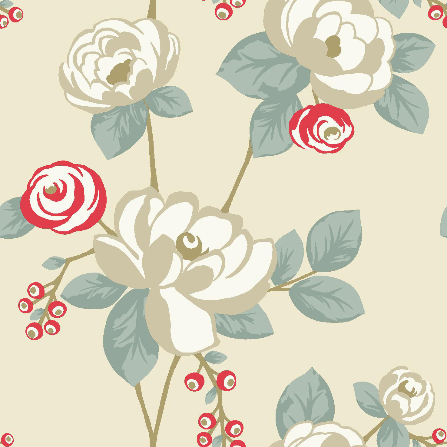funky stylised floral in a soft teal and red on a cream ground with