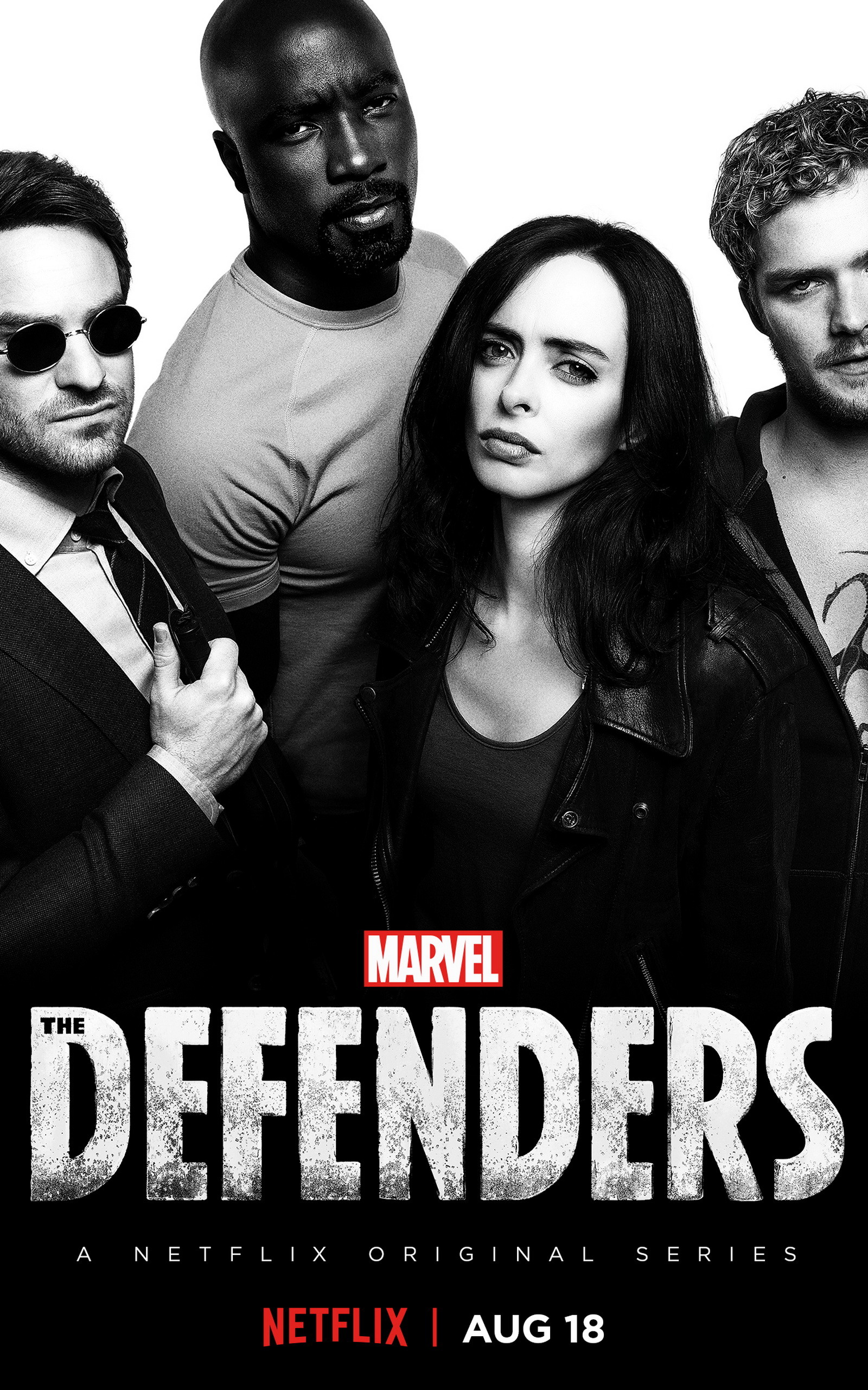 Promotional poster for Marvel's The Defenders on Netflix, featuring Daredevil, Luke Cage, Jessica Jones, and Iron Fist