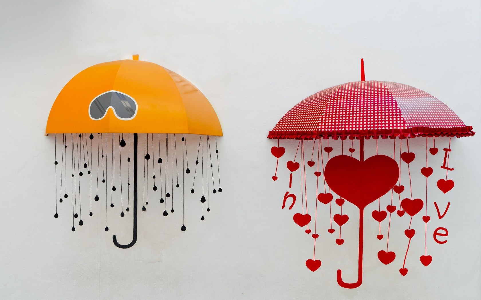 Mood Umbrellas Yellow Red Rain Love Hearts Art Wallpaper