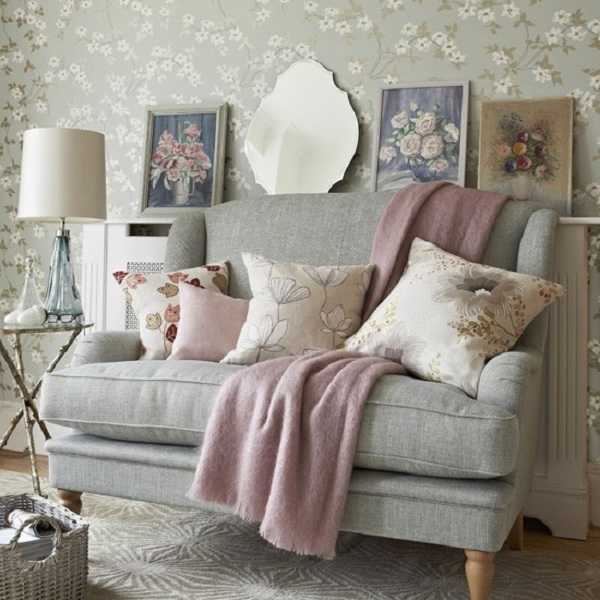 Living Room Decorating With Gray Wallpaper And Upholstery Fabric