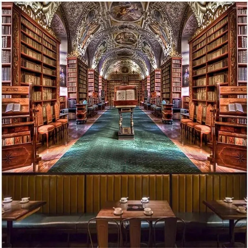 European Retro Book Shelf Library Bar Library Wallpaper 3D Tooling