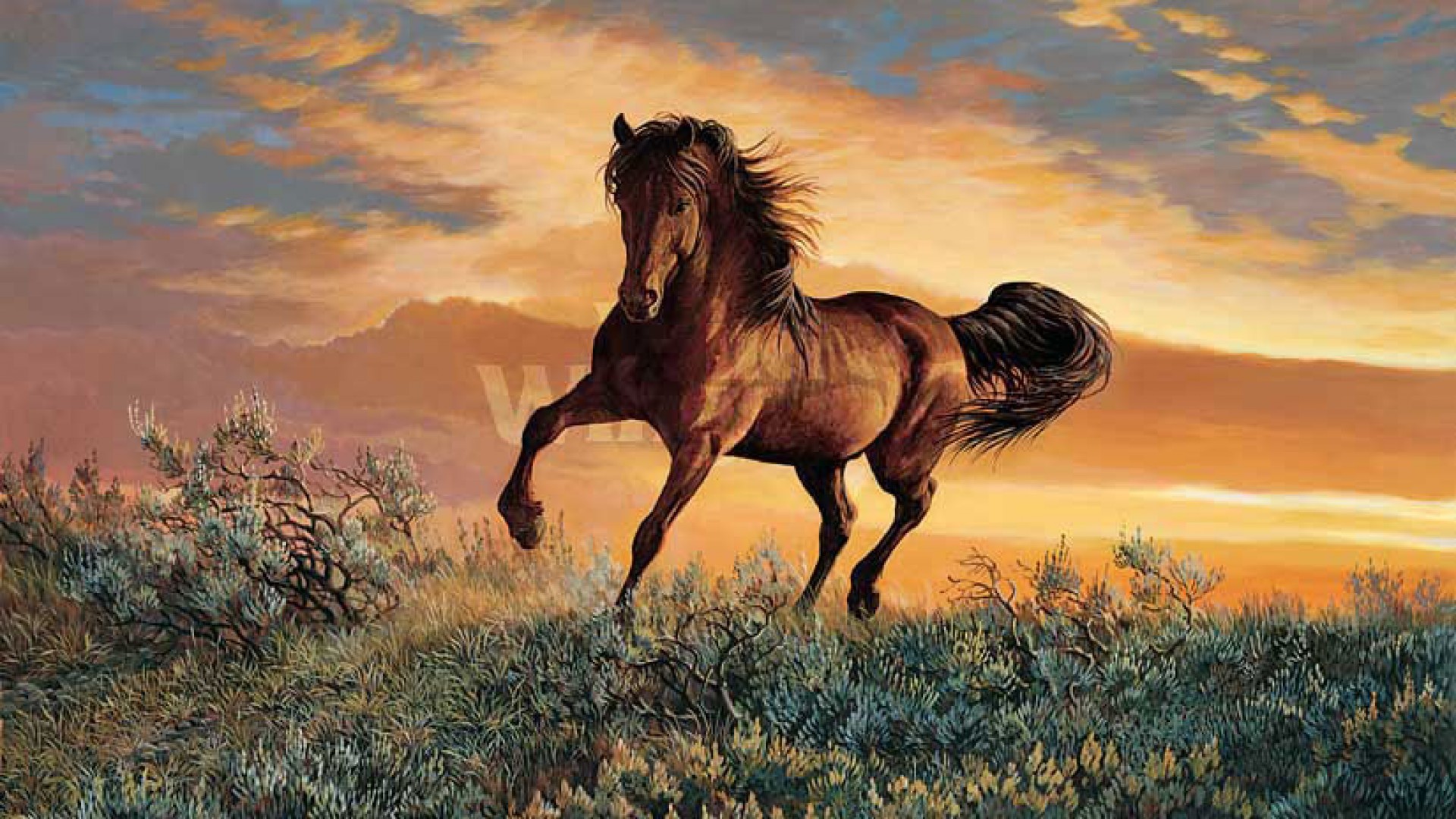 A majestic brown horse gallops across a grassy field against a vibrant sunset backdrop