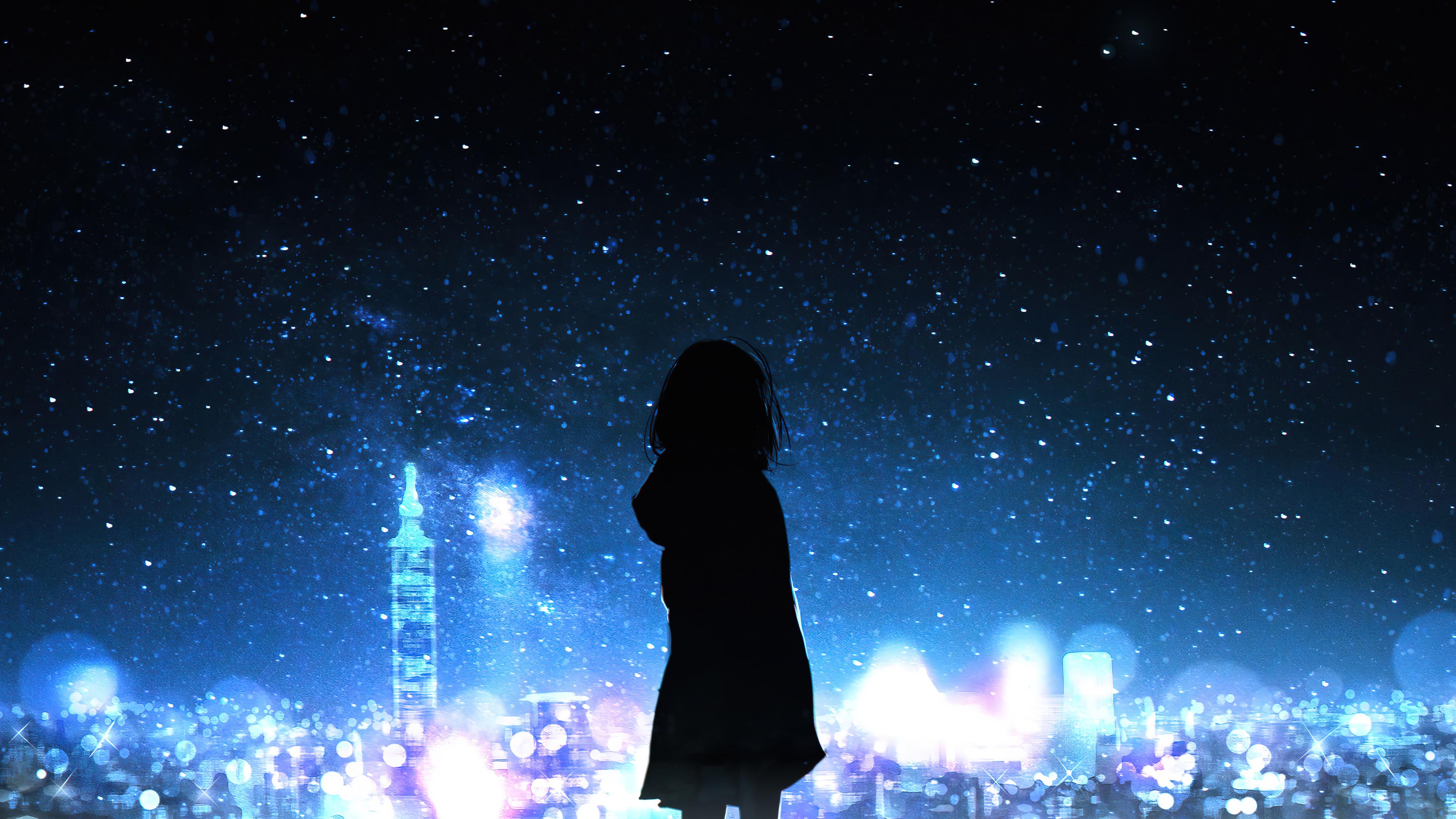 Anime Girl Silhouette Night City Stars Scenery 4k Phone iPhone