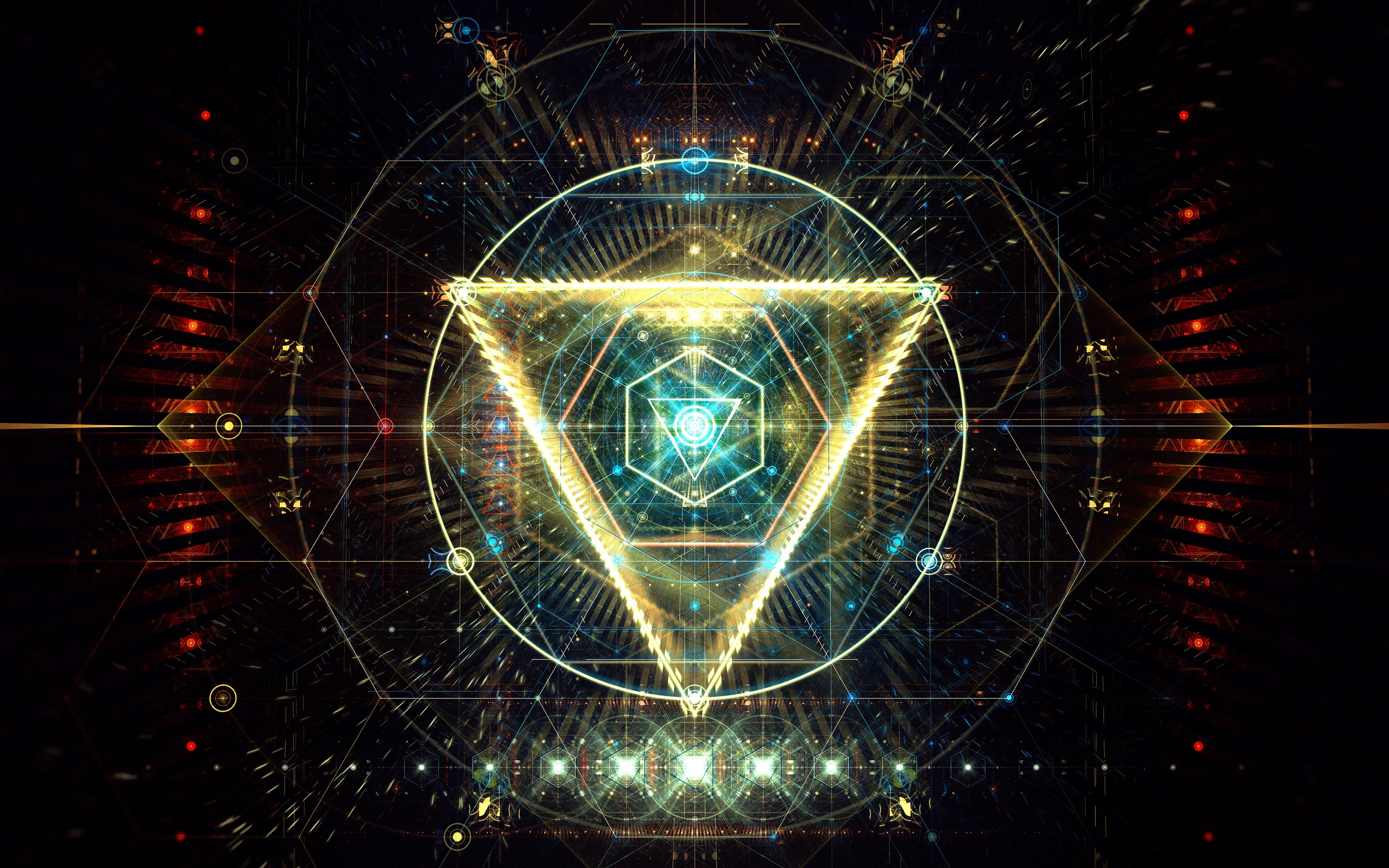 A vibrant abstract 4k wallpaper featuring a glowing golden triangle within a circle, overlaid with intricate geometric patterns and glowing lights, creating a futuristic and mystical atmosphere
