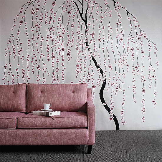 Living Room With Willow Tree Wallpaper And Pink Sofa Housetohome Co