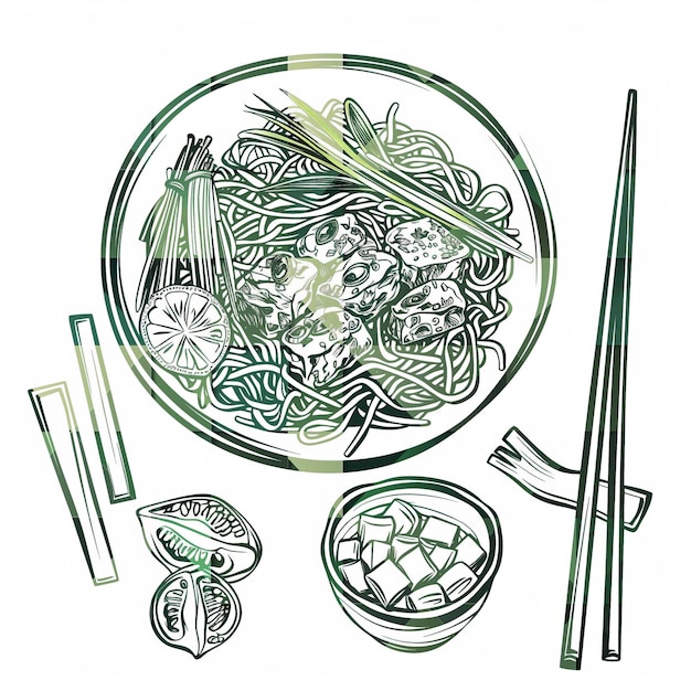 Pad Thai Flat Vector Linear Set Illustration High Quality Wallpaper