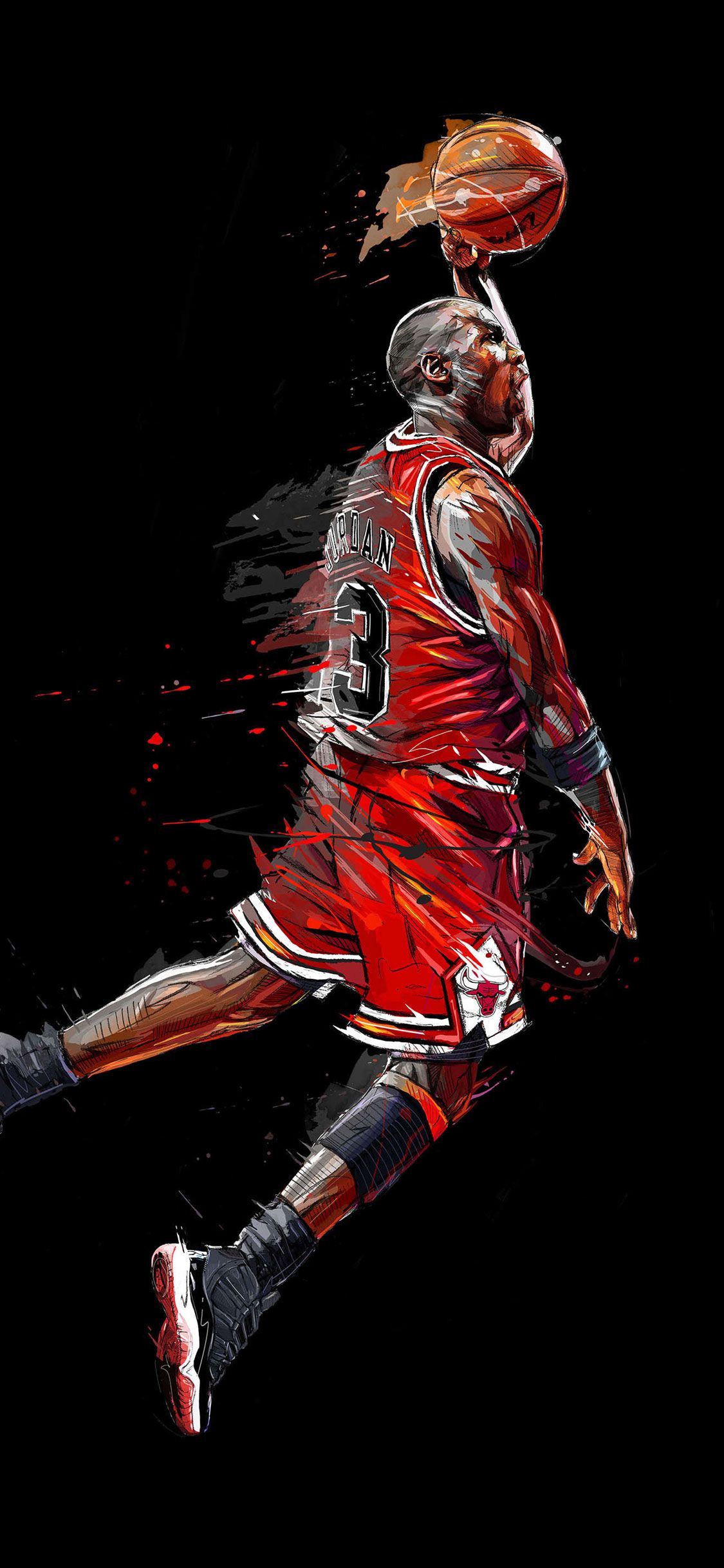 Dynamic illustration of Michael Jordan soaring through the air for a dunk, wearing his iconic Chicago Bulls jersey