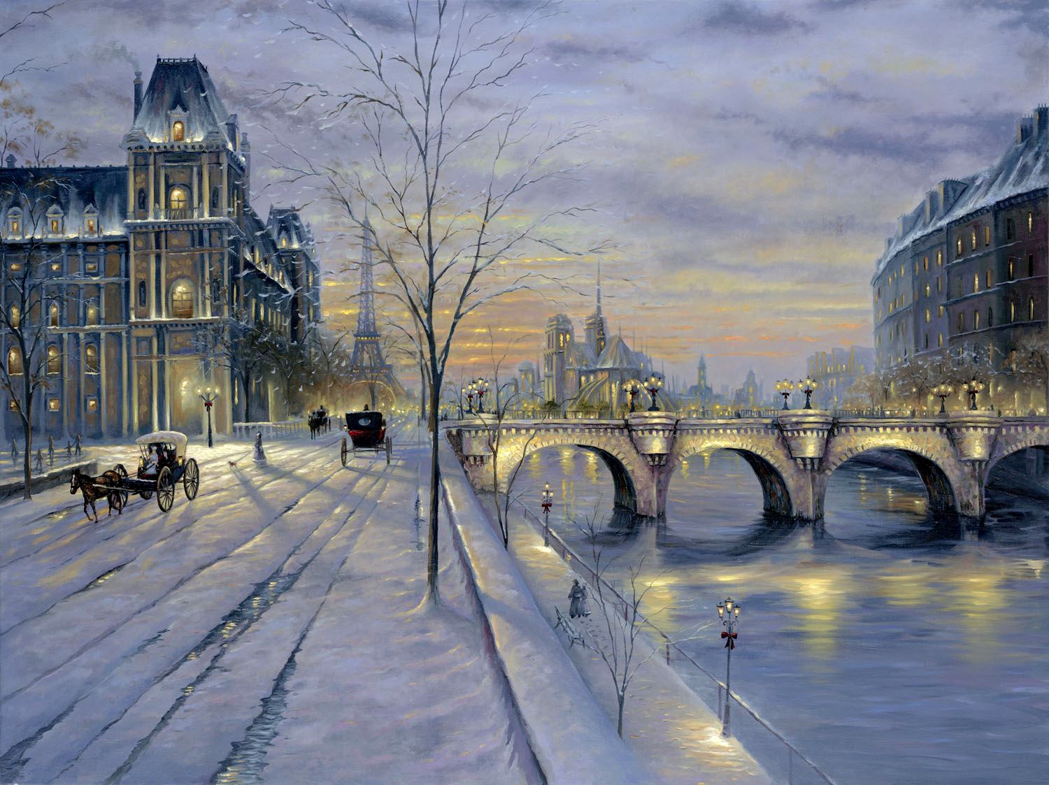 Sunset Winter Paris Street Snow Painting Finale Wallpaper