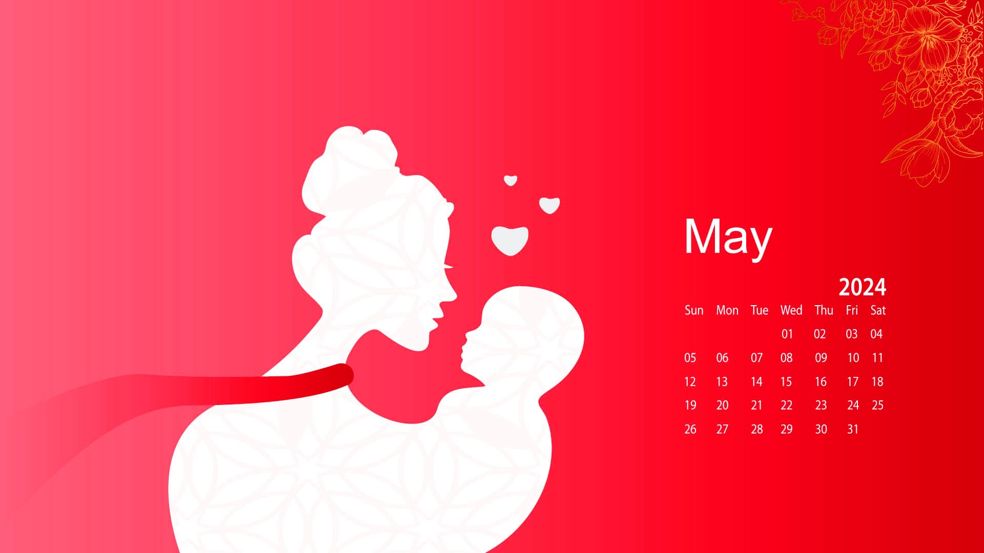 May 2024 calendar with a silhouette of a mother and child on a red background