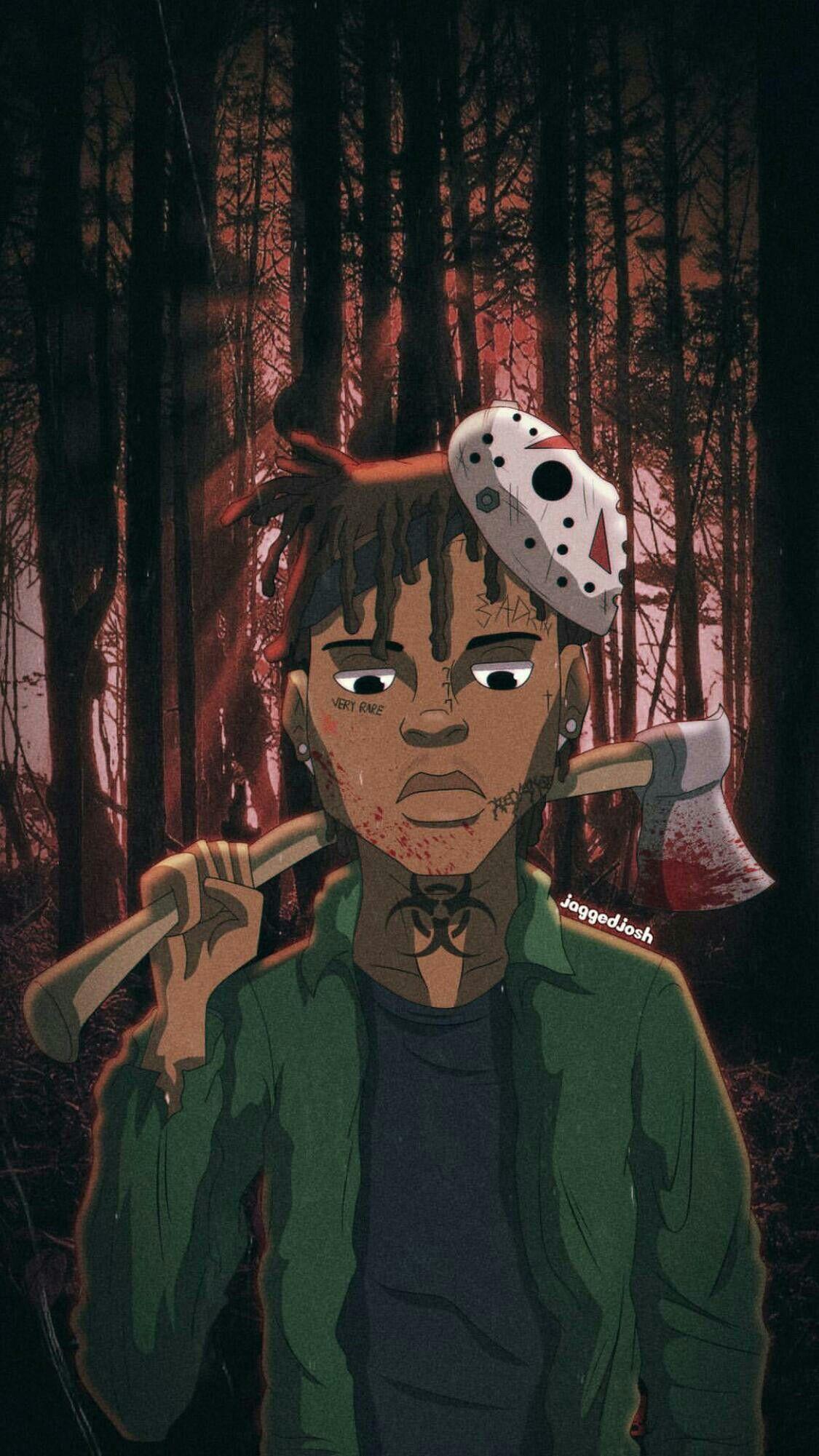 XXXTentacion Fan Art Wallpaper, Cartoon Illustration of XXXTentacion in a Forest Setting, 4K Resolution, PC Wallpaper