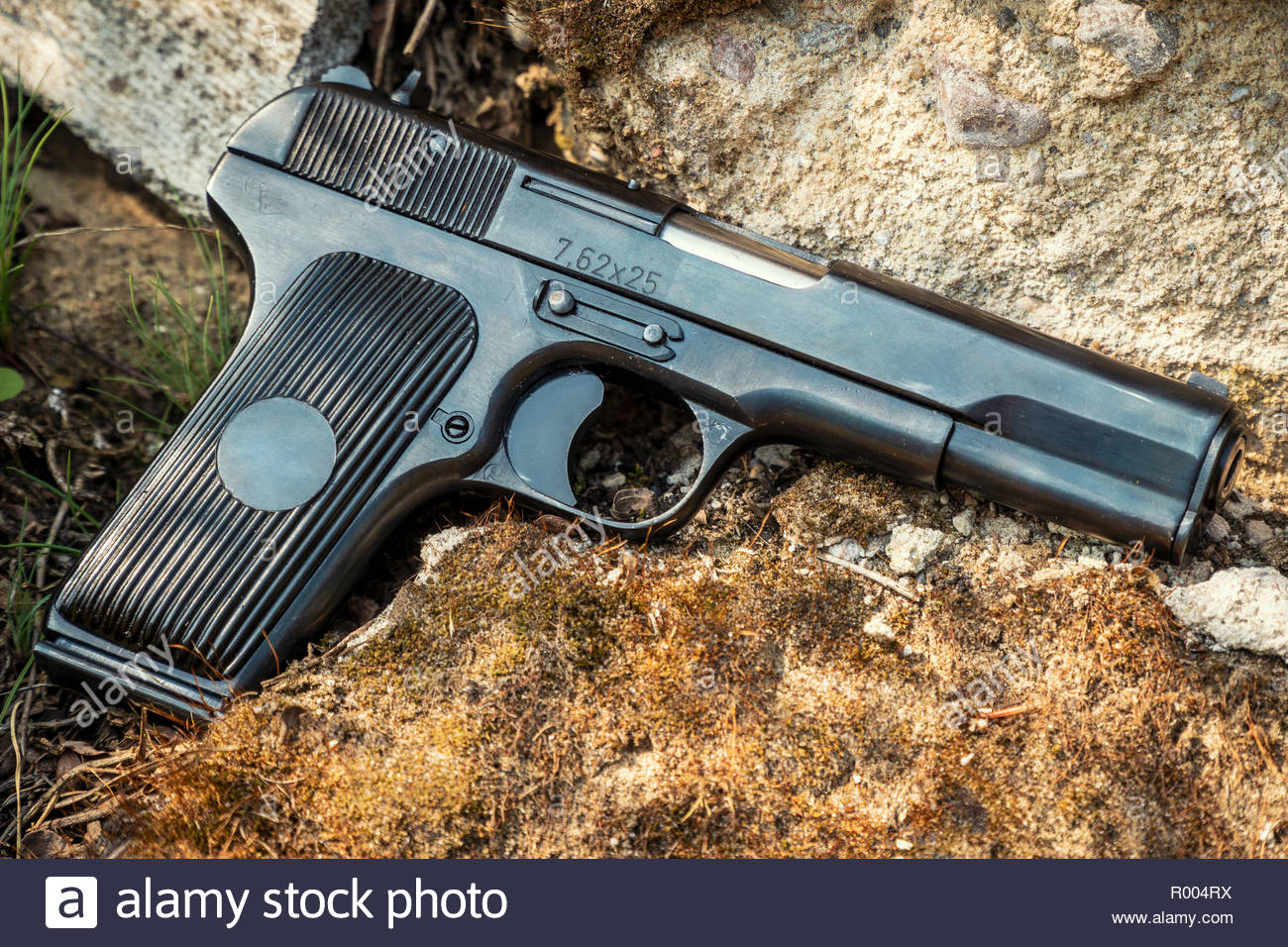 Black 9mm Pistol On A Background Of Stones And Moss Stock Photo