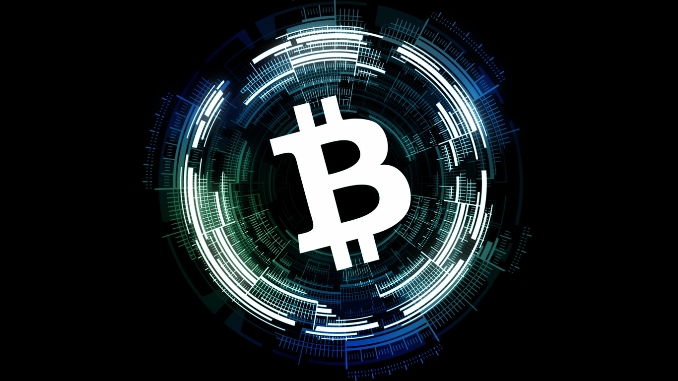 Bitcoin logo surrounded by glowing digital circles - Crypto 4k Wallpaper