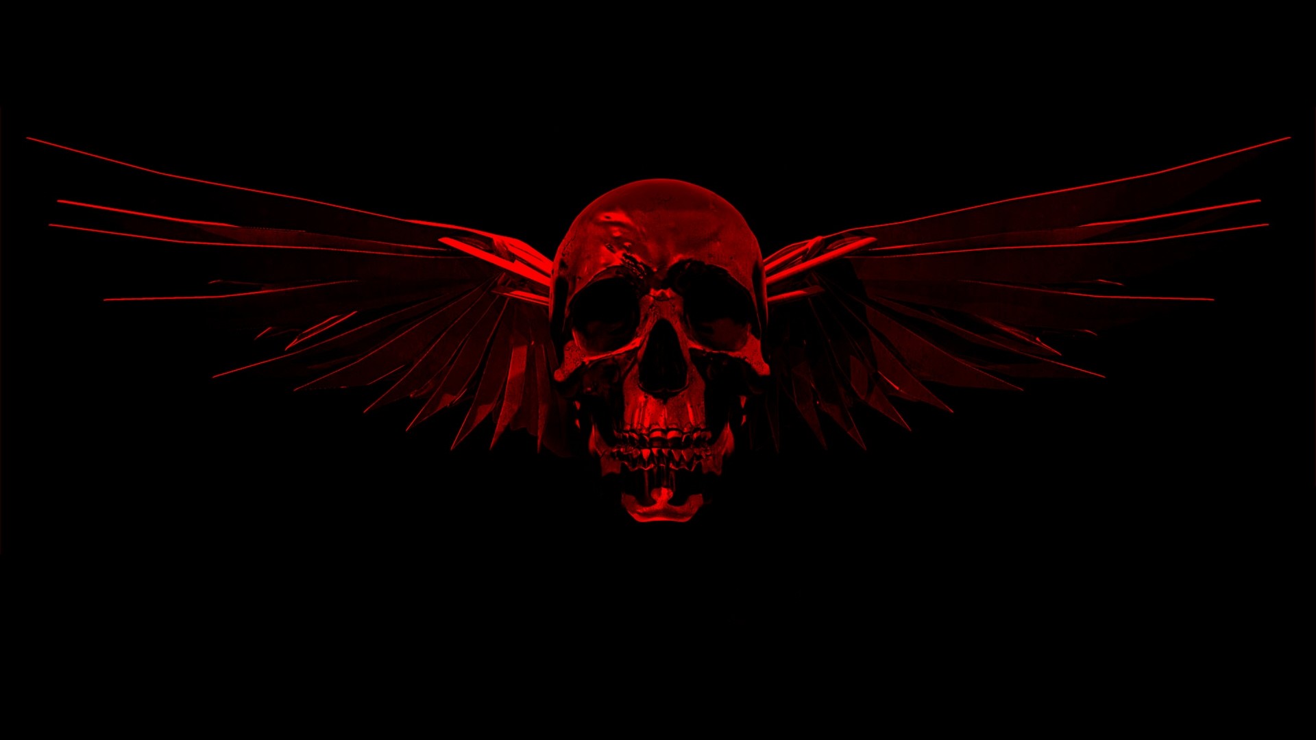 Red Glowing Skull with Wings on Black Background