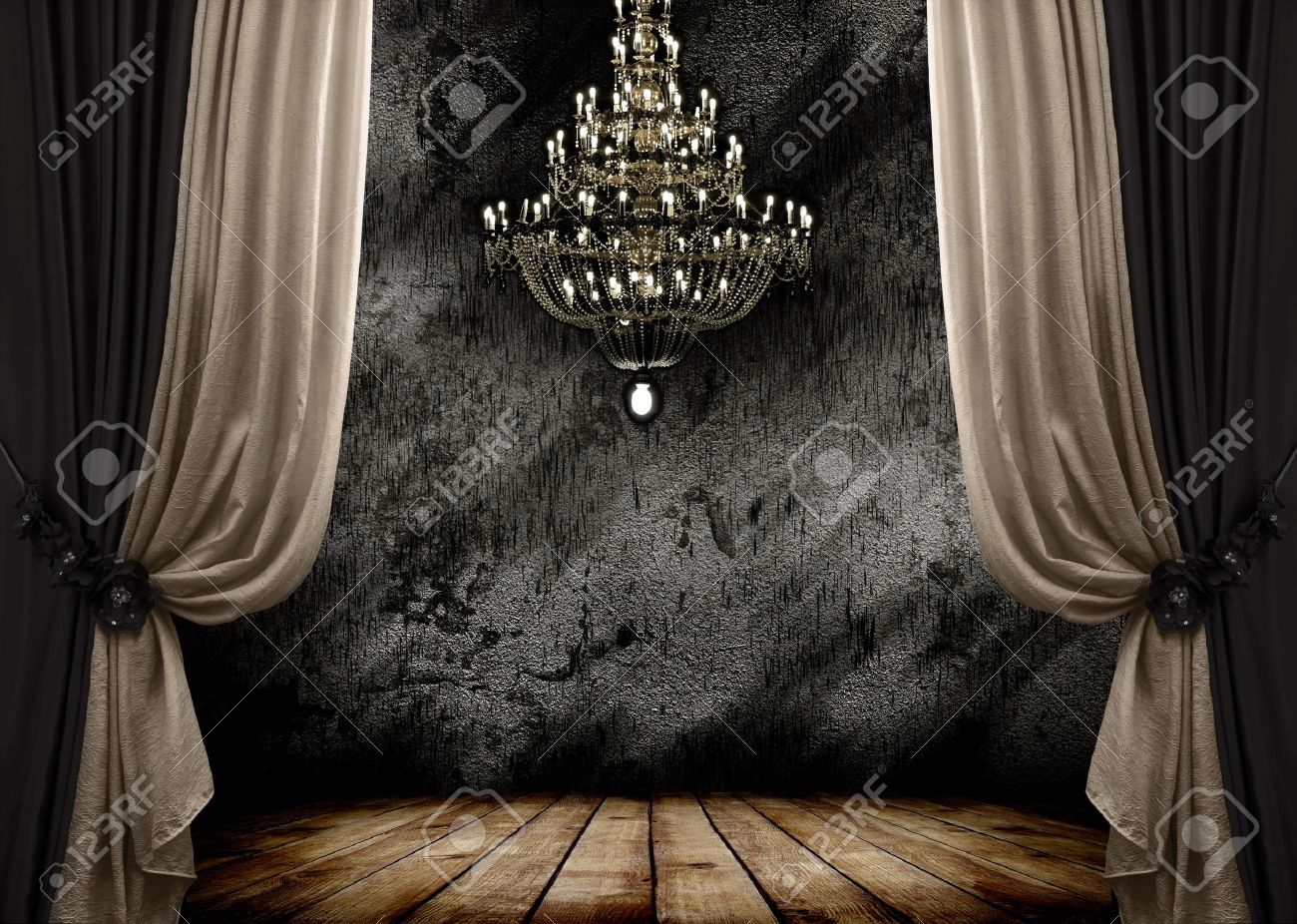 Image Of Grunge Dark Room Interior With Wood Floor And Chandelier