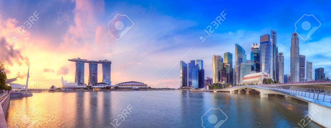 Vibrant Panorama Background Of Singapore Skyline At The Business