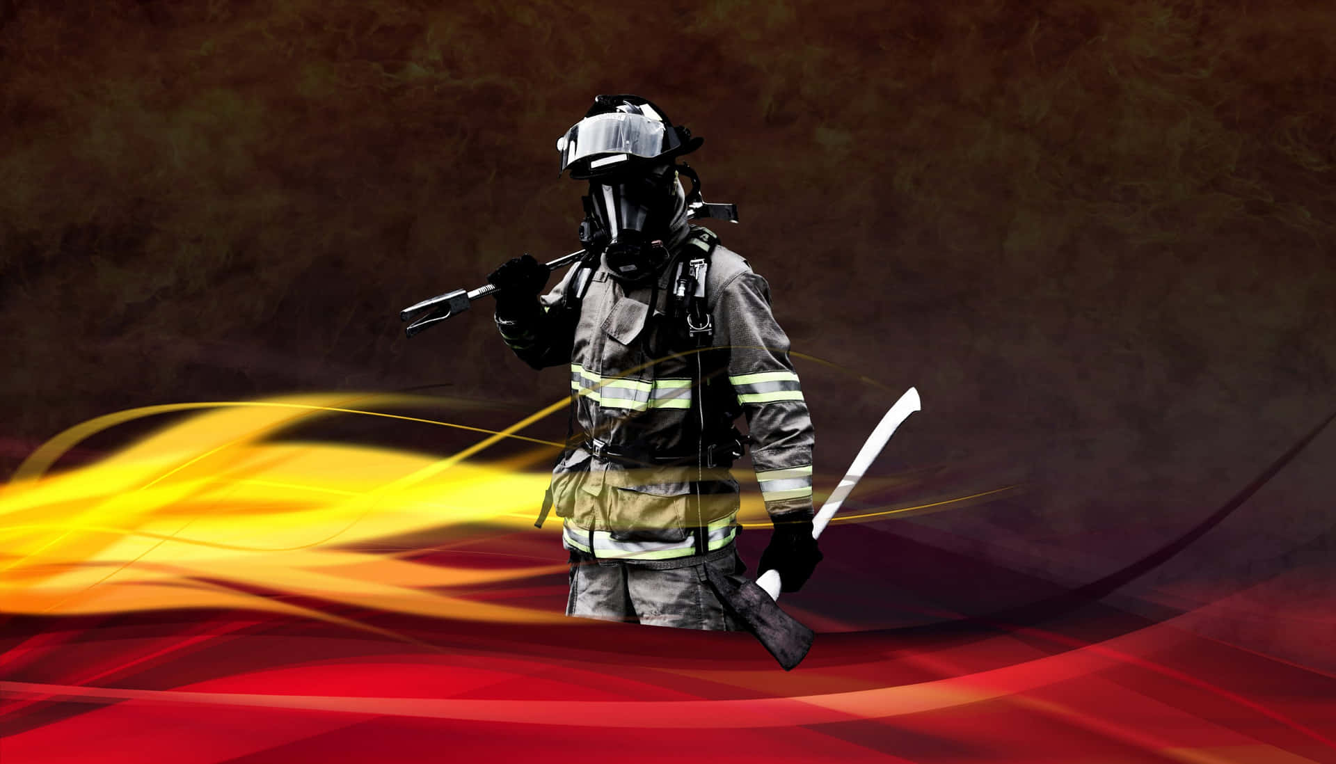 A firefighter from the Los Angeles Fire Department (LAFD) bravely stands against a backdrop of stylized flames, equipped with an axe and a halligan tool