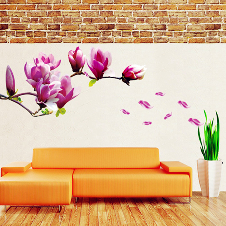 Big Size Pink Magnolia Flower Vinyl Wall Stickers Home Decor Rooms