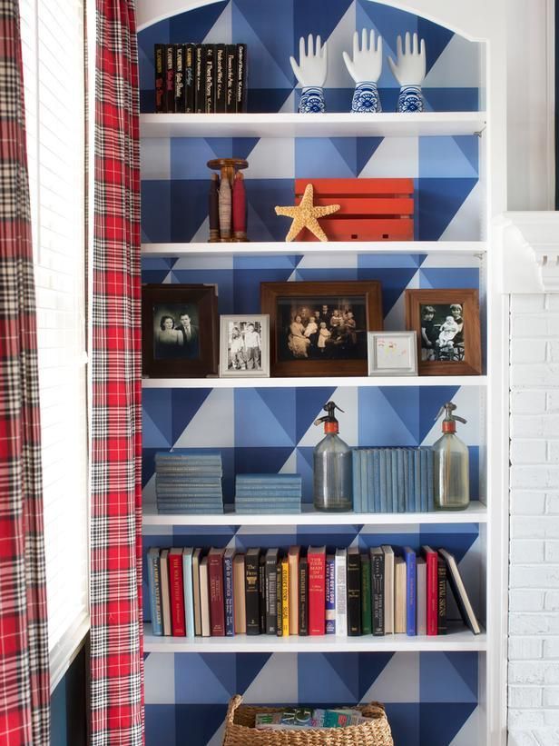 Add Graphic Pop To A Bookcase With Wallpaper