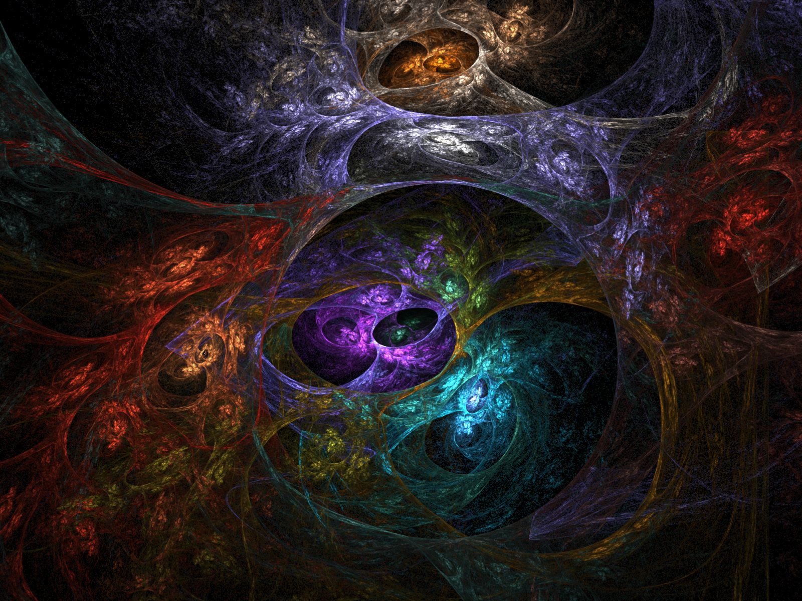 A vibrant and intricate abstract artwork featuring swirling patterns, fractal designs, and a rich color palette of purples, blues, oranges, and reds