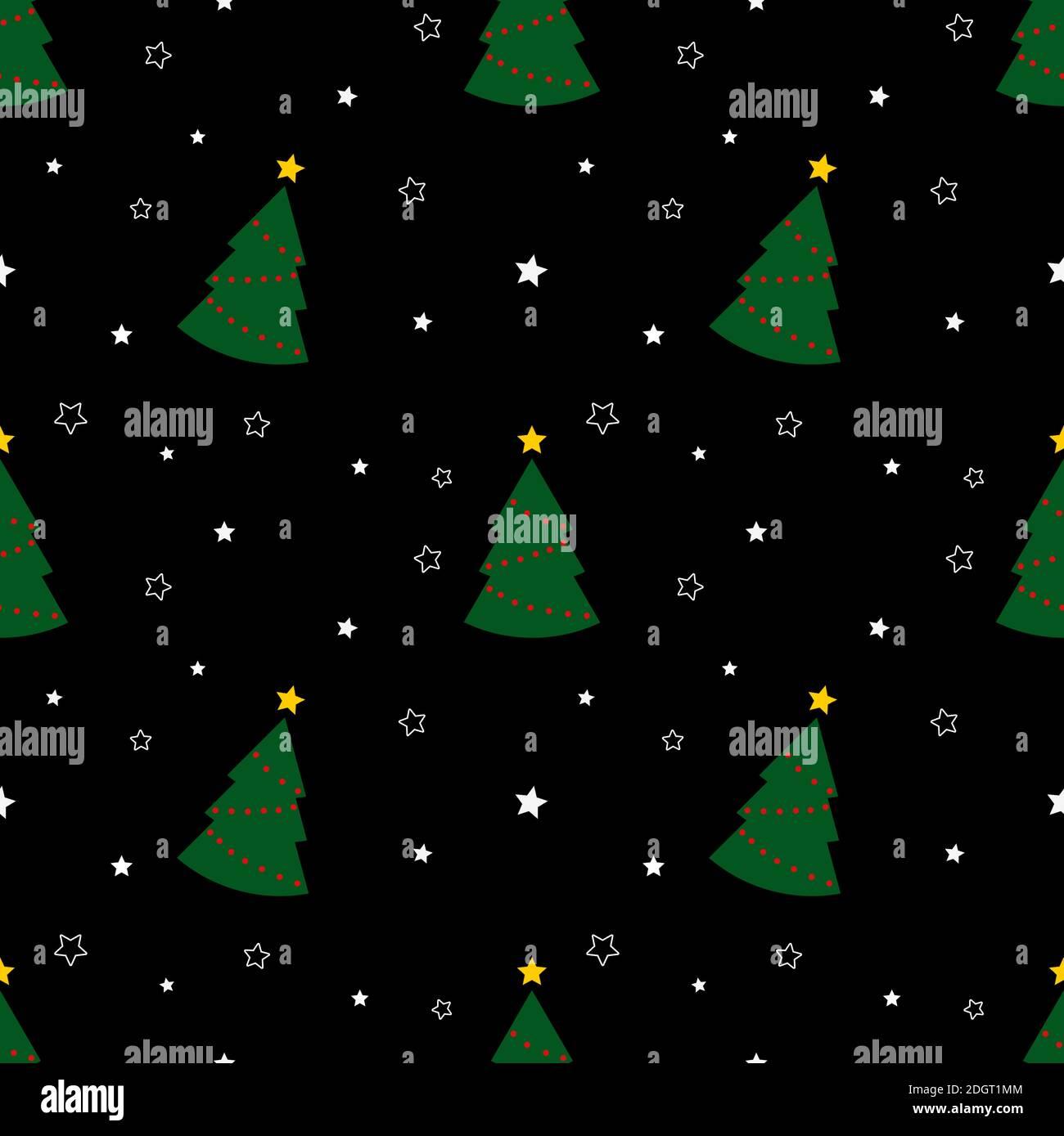 Seamless pattern with green christmas trees and stars on black