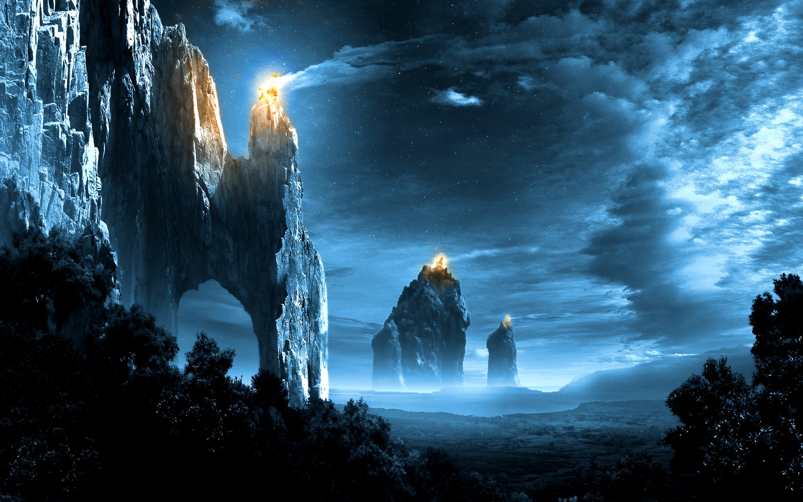 Fantasy Dark Night Mountains HD Wallpaper