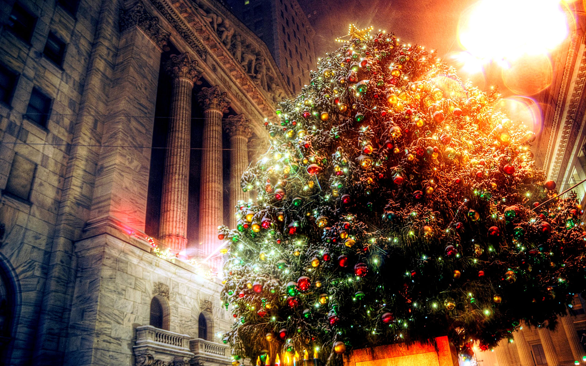 Christmas Tree Holiday Lights Building HD Wallpaper