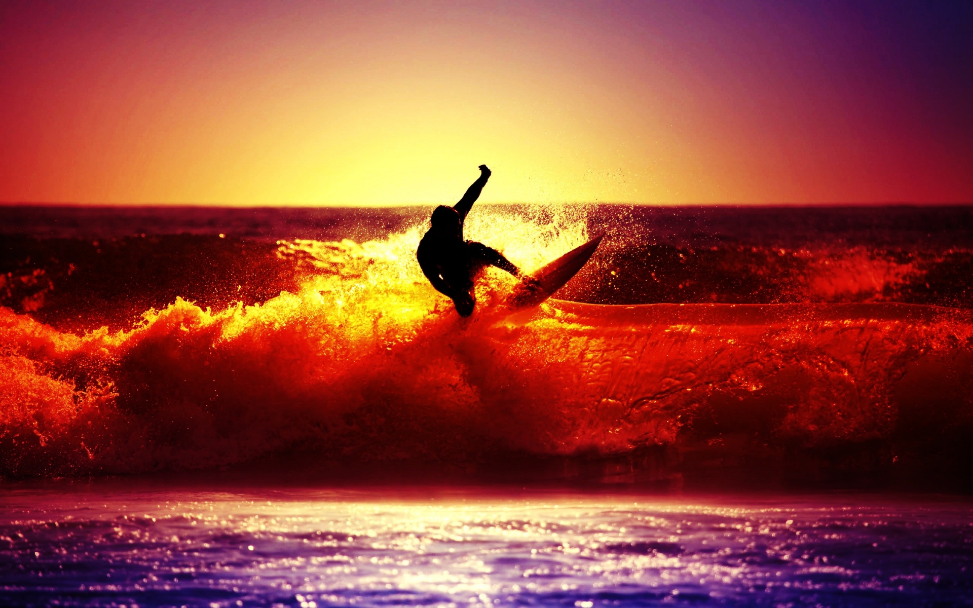 Silhouette of a surfer riding a wave at sunset, Surfing Wallpaper