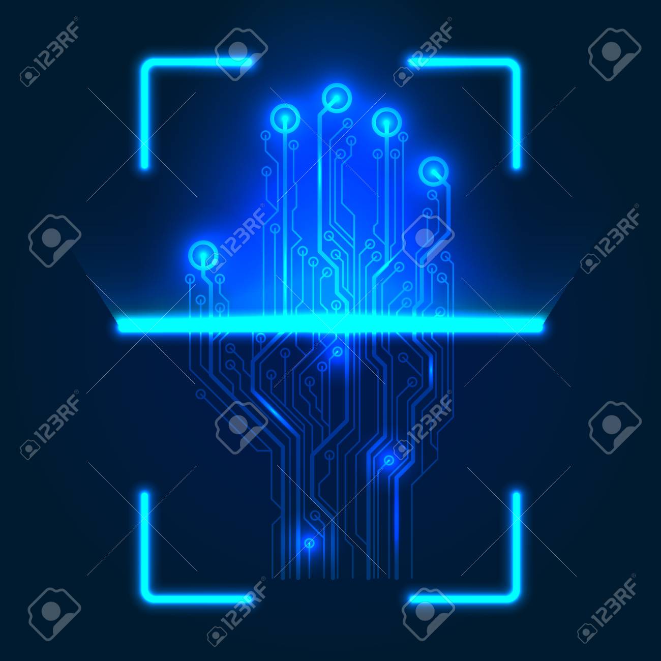 Hand Circuit Board Scanner Vector Illustration On A Blue