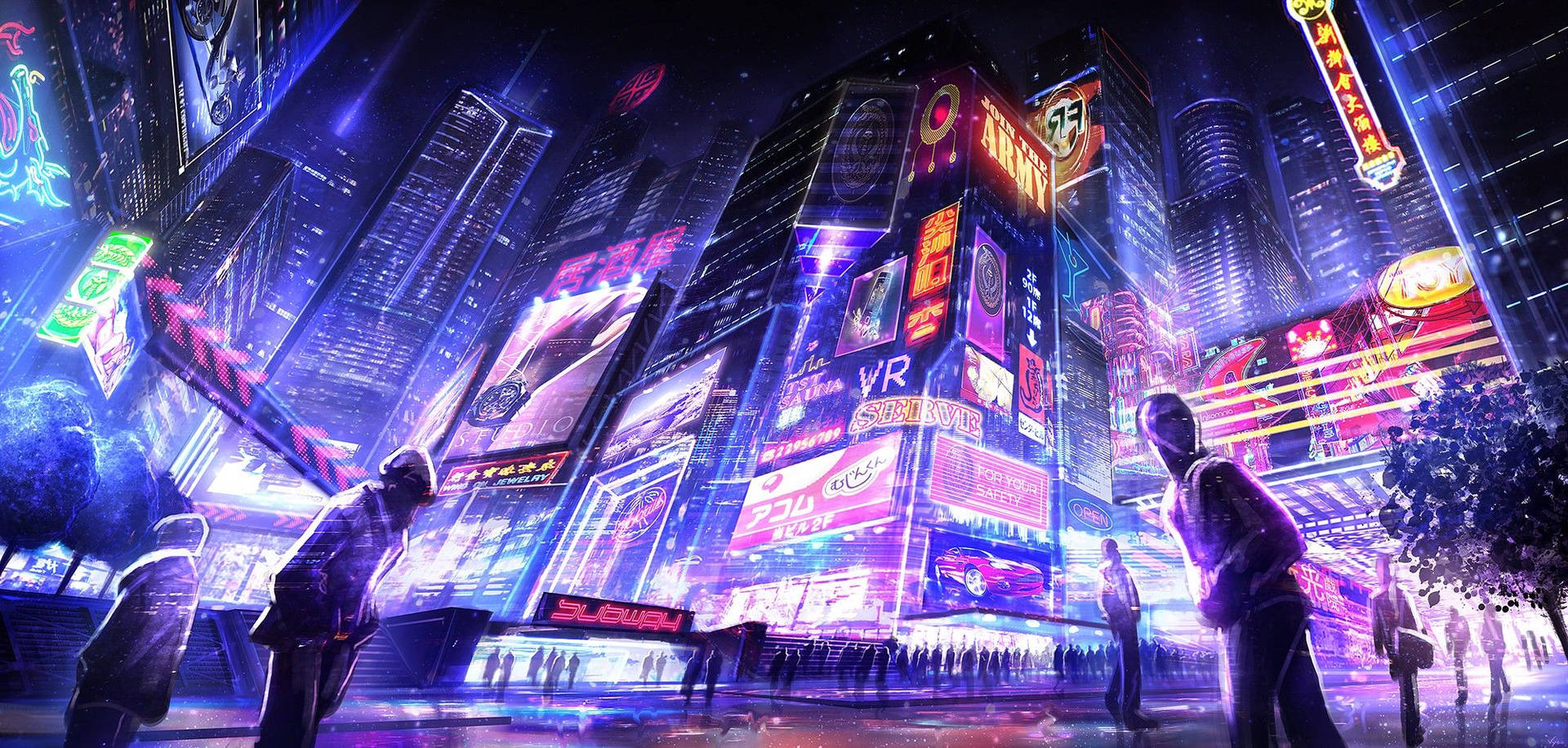 A vibrant cyberpunk cityscape at night, illuminated by neon signs, holographic advertisements, and towering skyscrapers. Futuristic figures in hooded jackets stand in the foreground, observing the bustling scene