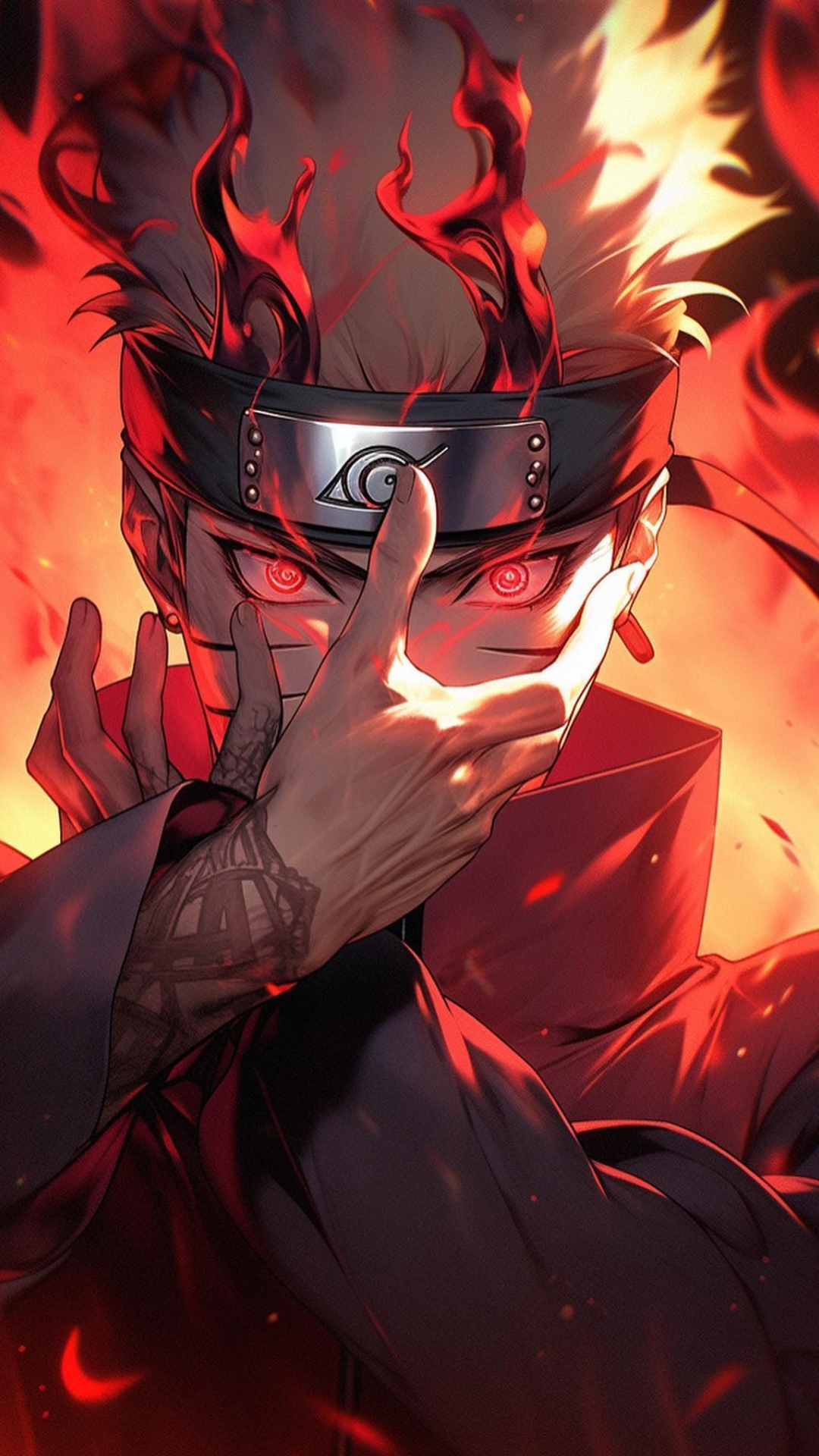 A fiery, intense anime character with glowing red eyes, partially obscured by their hands, against a backdrop of vibrant flames