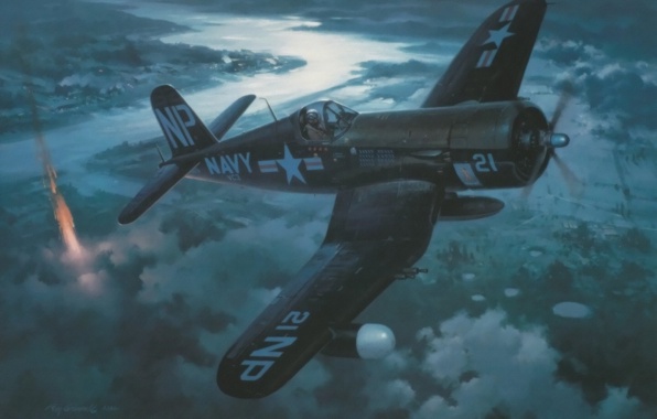 Wallpaper Vought F4u Corsair Pacific Fighter Ww2 War Art Painting