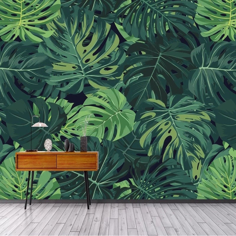 Hand Painted Green Monstera Leaves Wallpaper Mural Custom Sizes