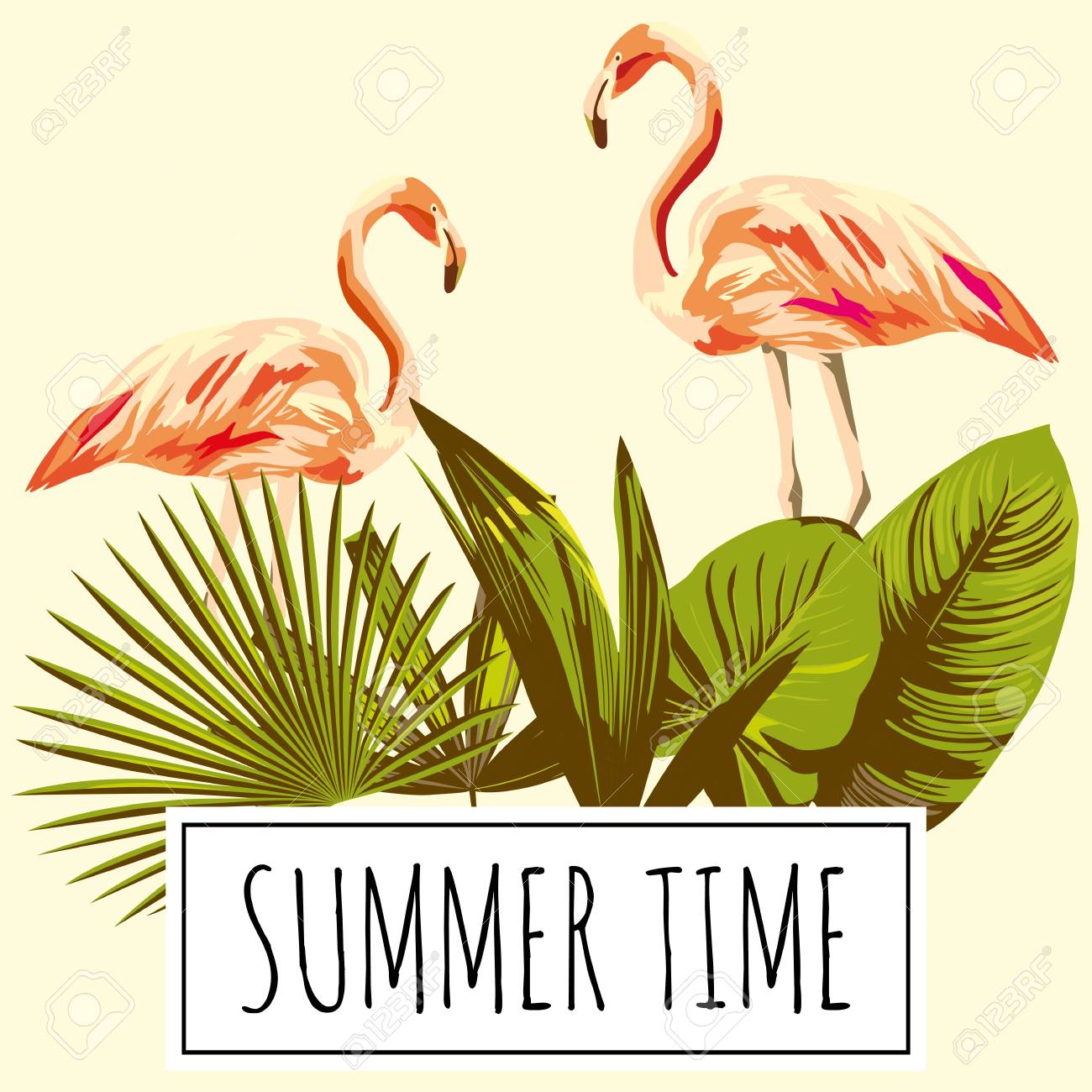 Slogan Summer Time Tropical Green Leaves And Pink Flamingo Bird