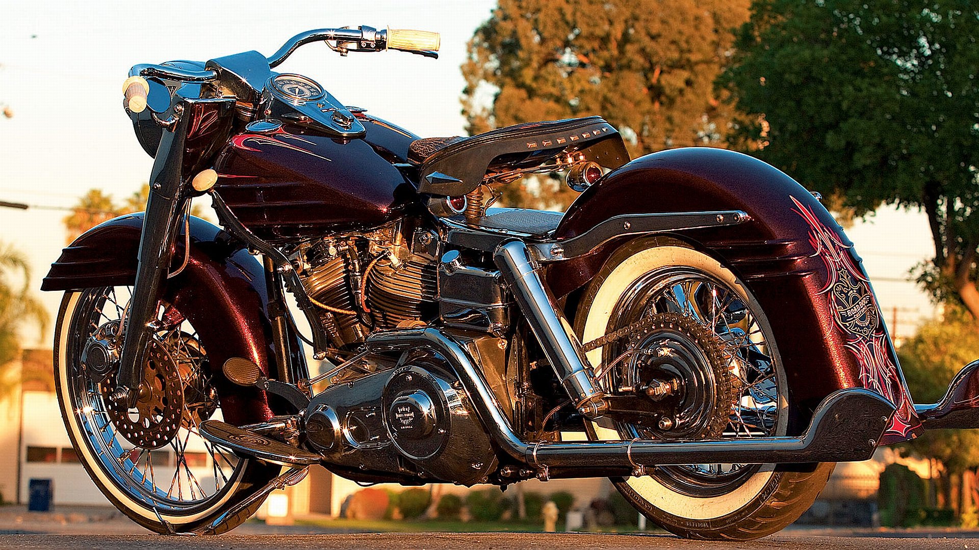 Custom Harley Davidson Motorcycle with Maroon Paint and Whitewall Tires