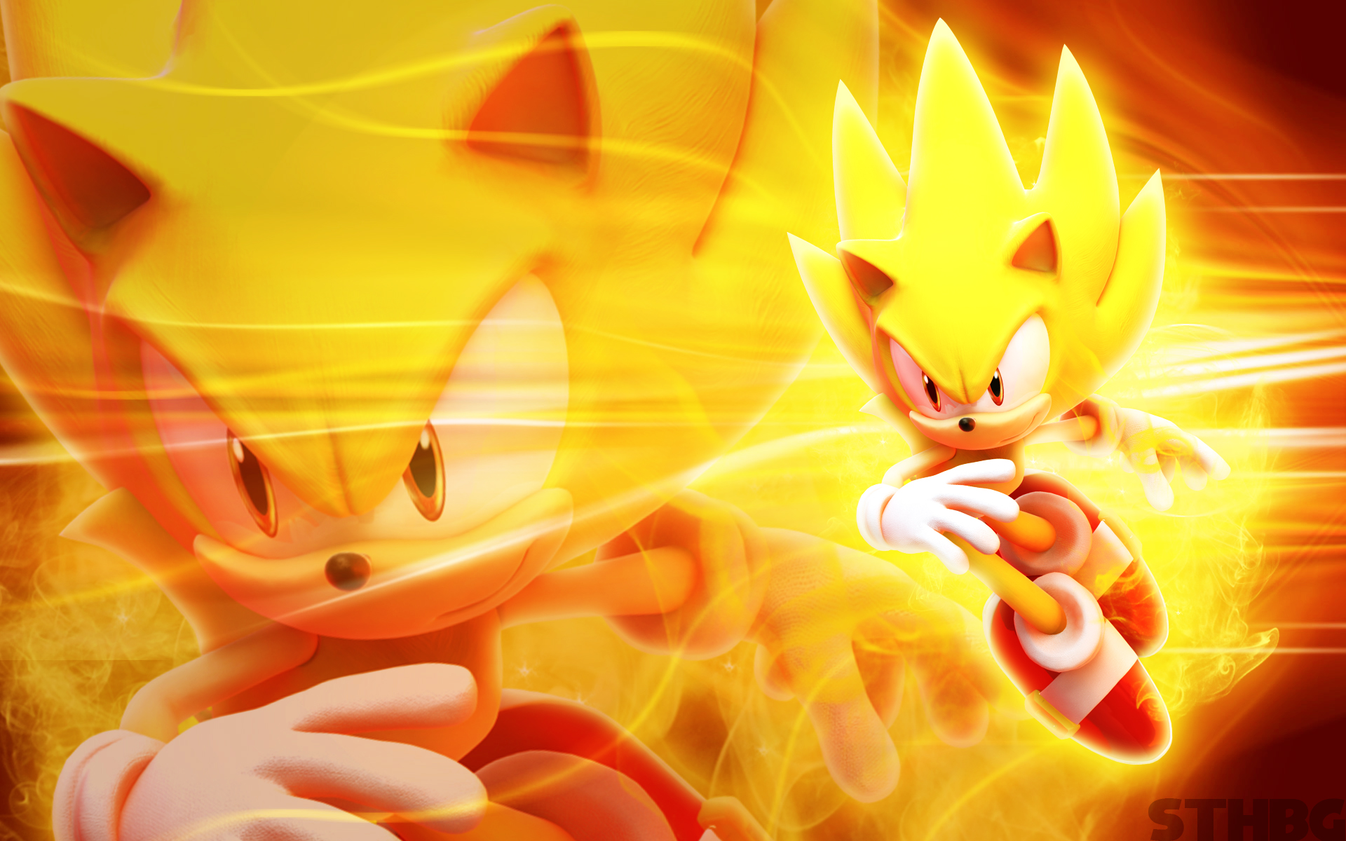 Super Sonic in action, surrounded by golden energy, from the Sonic the Hedgehog series
