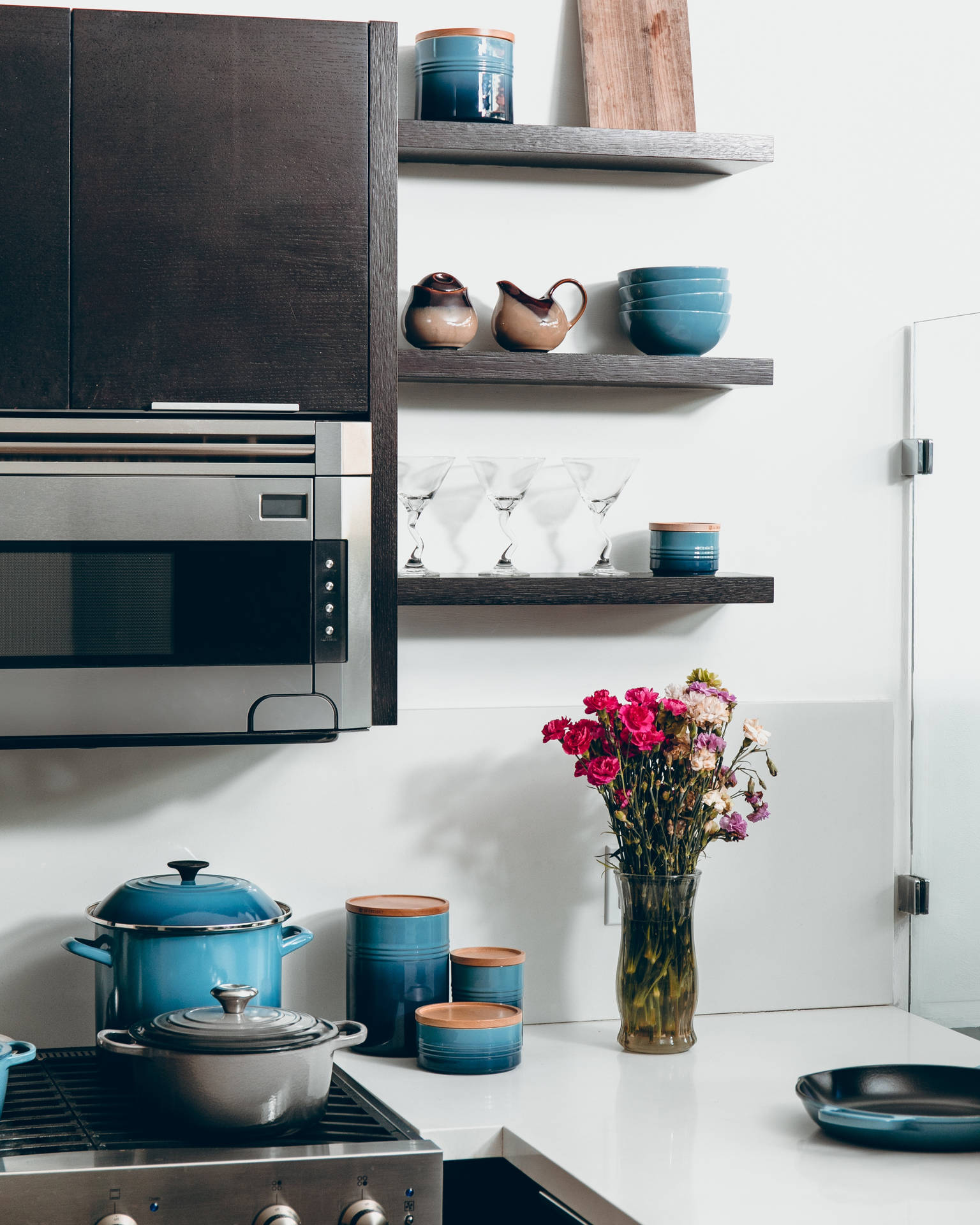 Kitchen Counter With Flowers Wallpaper