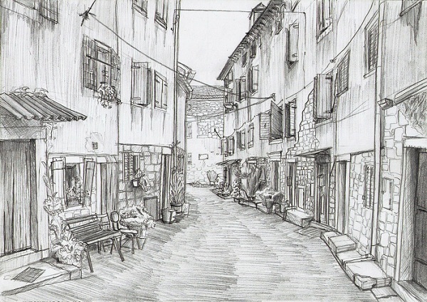 Historical Street Wallpaper Hand Drawn Pencil Sketch