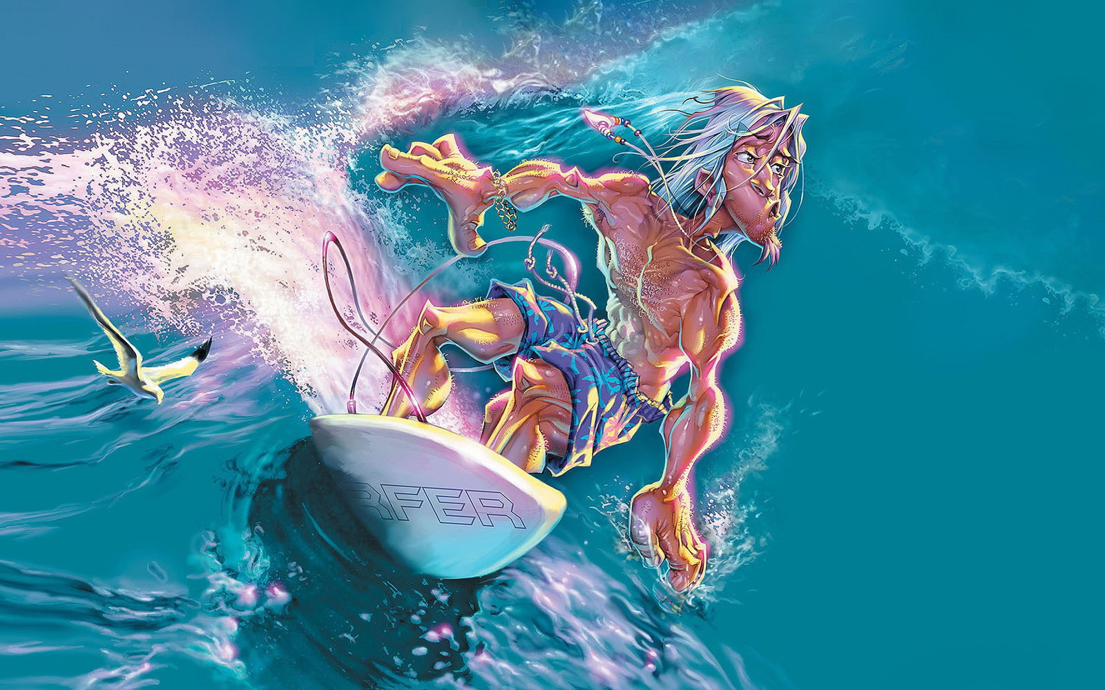 Awesome Surfer Cartoon Surfing Waves Drawing HD Desktop Wallpaper