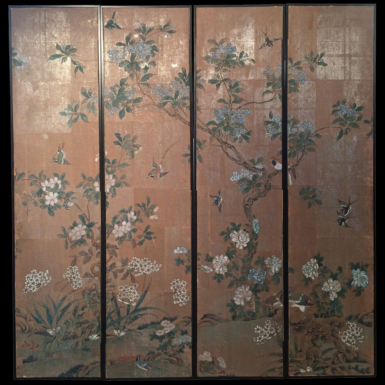 Four Framed Vintage Gracie Chinoiserie Wallpaper Panels Lotus 1280x1280
