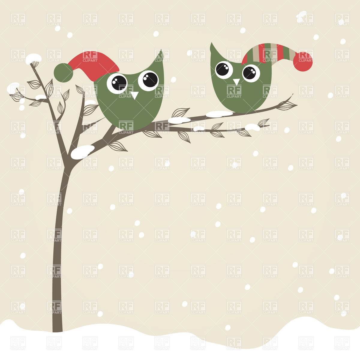 Two Funny Cartoon Owls With Christmas Hats Sitting On A Branch