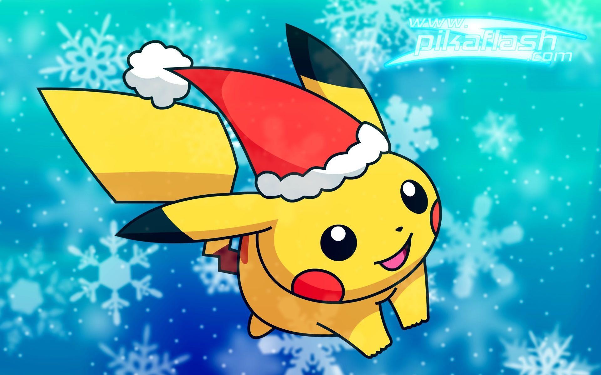Pikachu in a Santa hat flying against a snowy blue background
