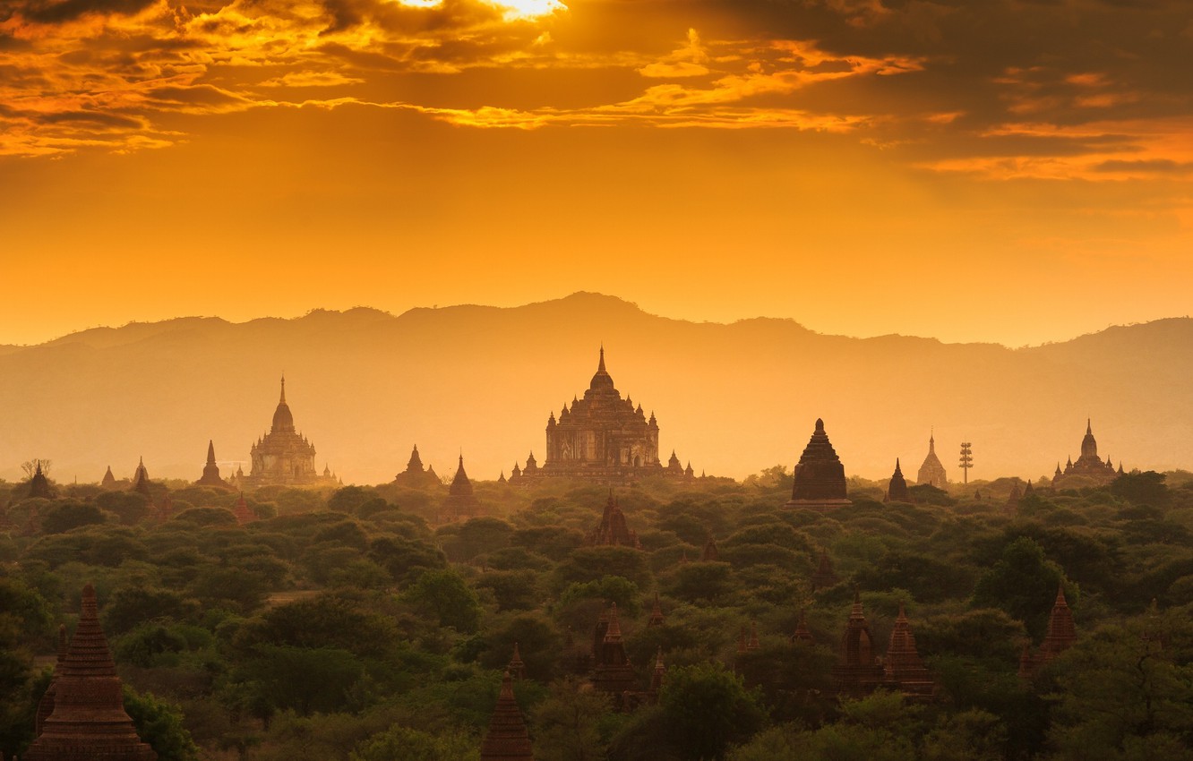 Wallpaper Forest Sunset Temple Architecture