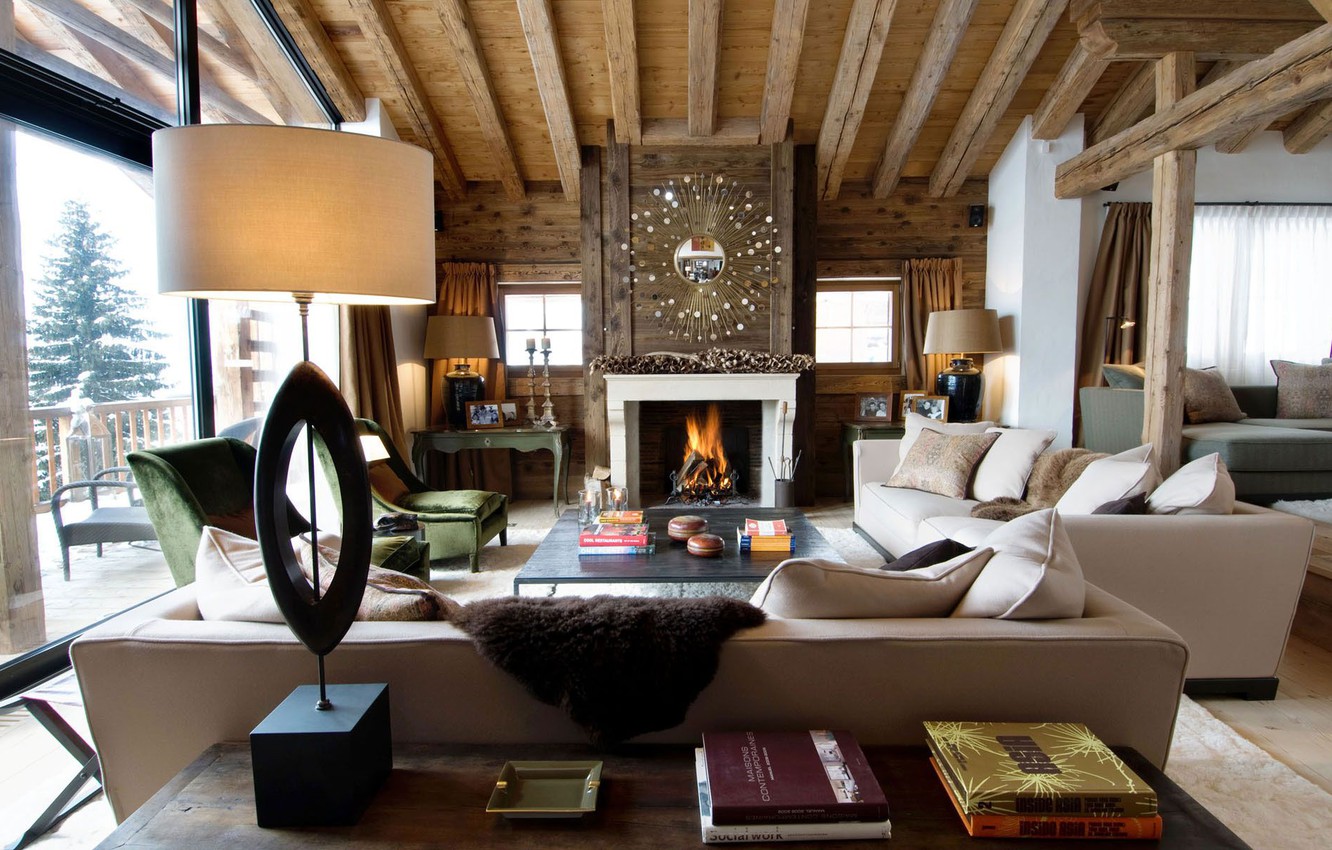 Wallpaper Style Interior Fireplace Living Room Luxury Chalet
