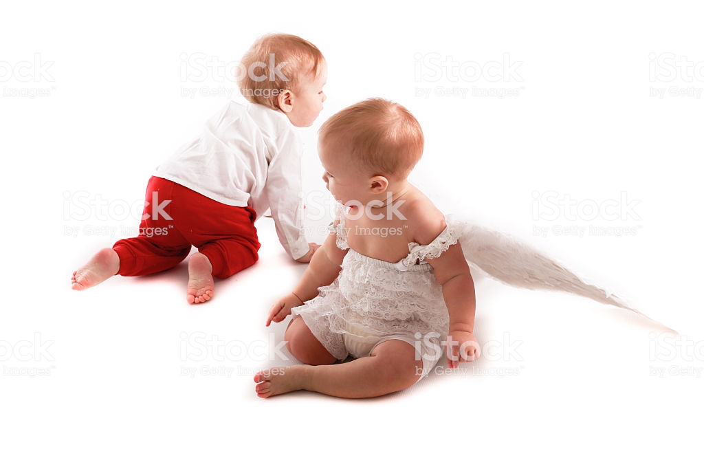Baby Girl And Boy Socializing Angel White Background Stock Photo