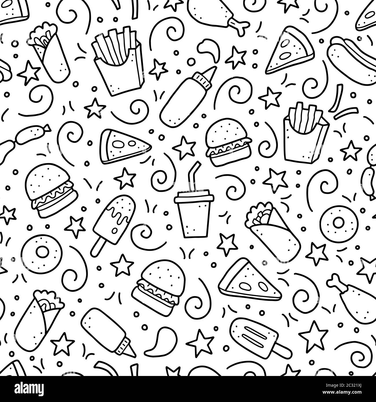 Hand Drawn Seamless Pattern With Fast Food Elements Burger Pizza