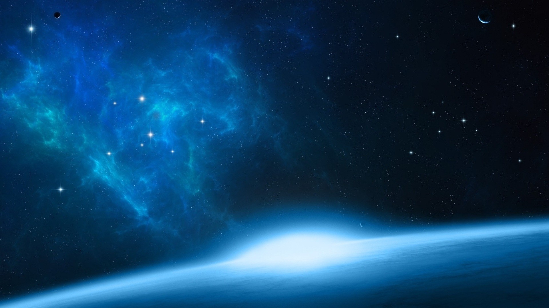Deep blue nebula in outer space with glowing horizon
