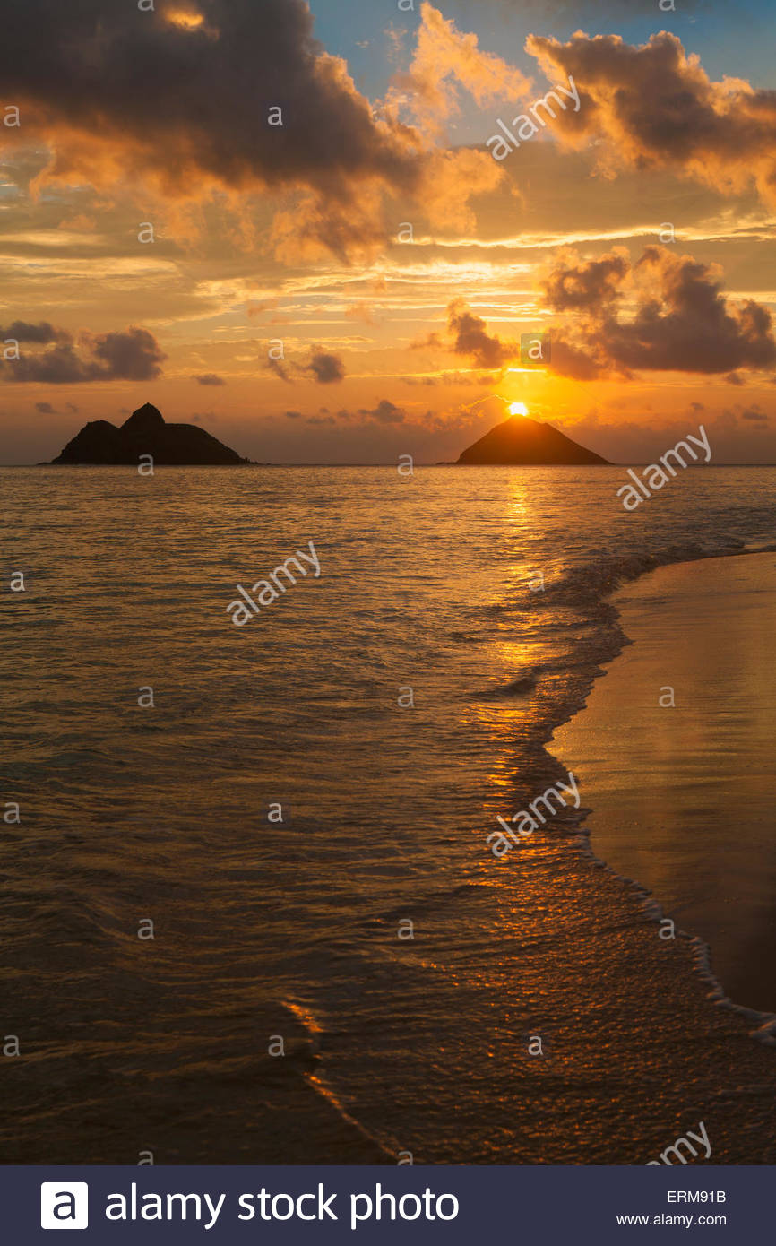 Sunset At Lanikai Beach With Mokuluas Islands In The Background