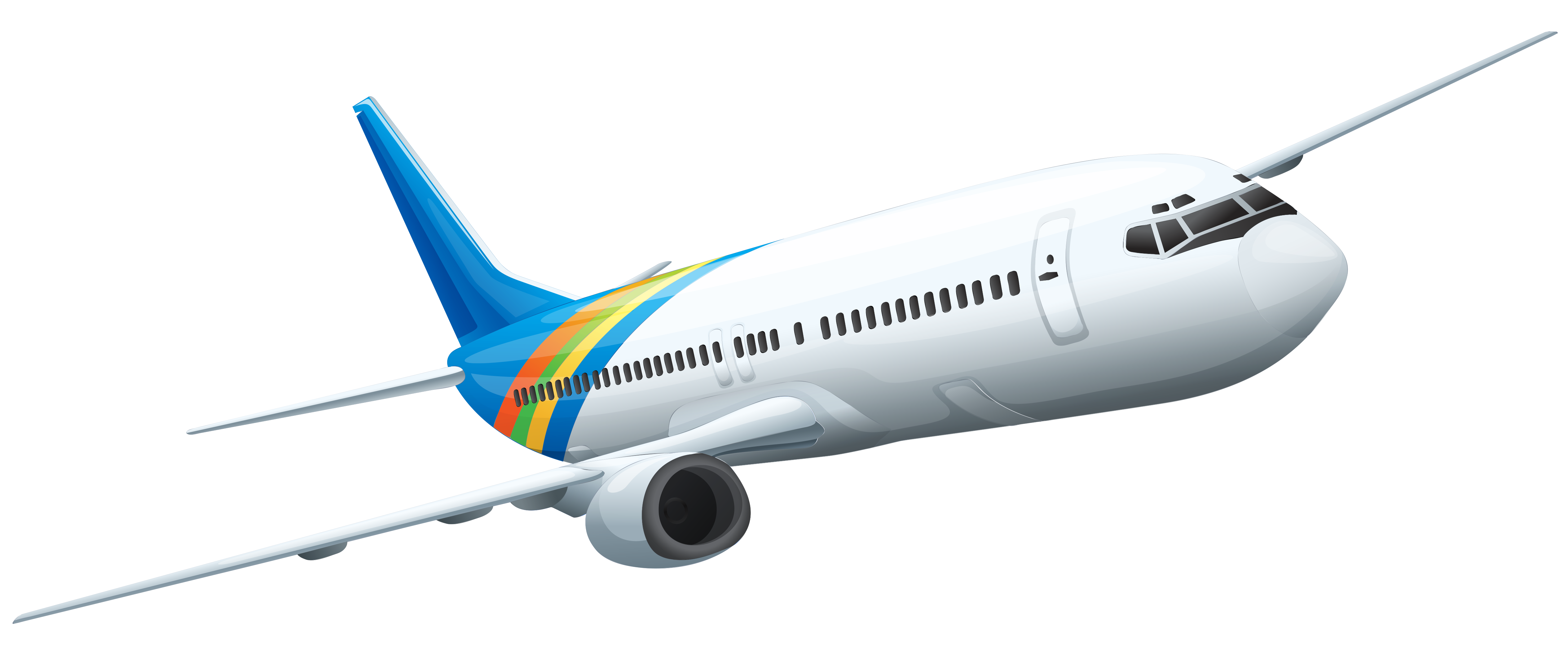 A passenger airplane soars through the sky against a black background. Its vibrant stripes add a touch of color to its sleek white body